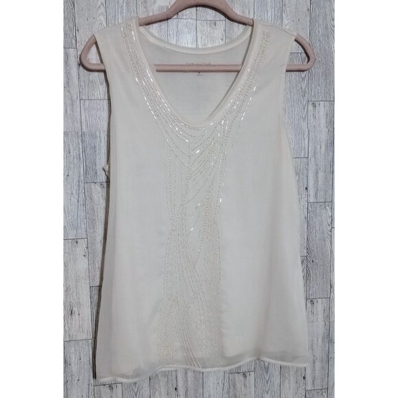 Coldwater Creek Tops - Coldwater Creek Beaded Tank Top Cream Ivory Sheer Overlay Career Cocktail Medium